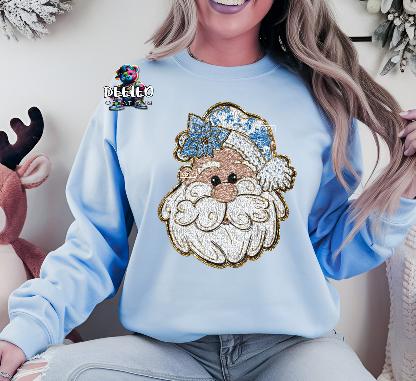Blue Hat Faux Embroidered Santa Sweatshirt
