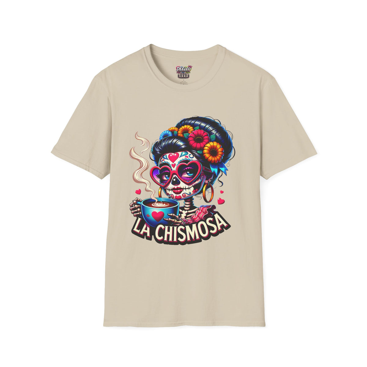 La Chismosa (RED) sugar skull T-Shirt | Day of the Dead diva, heart sunglasses