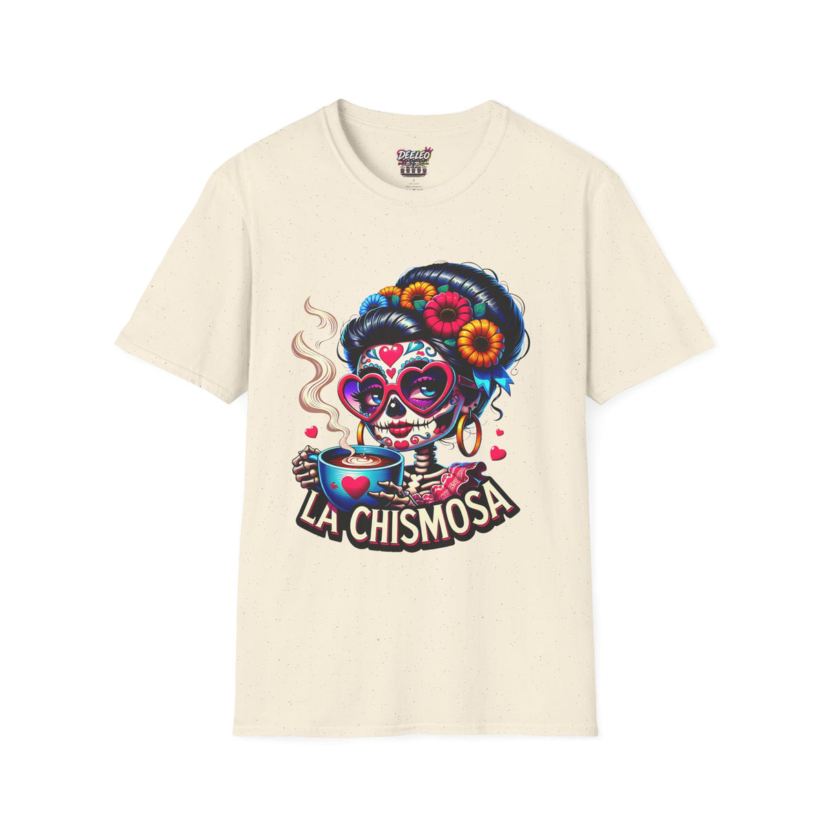 La Chismosa (RED) sugar skull T-Shirt | Day of the Dead diva, heart sunglasses