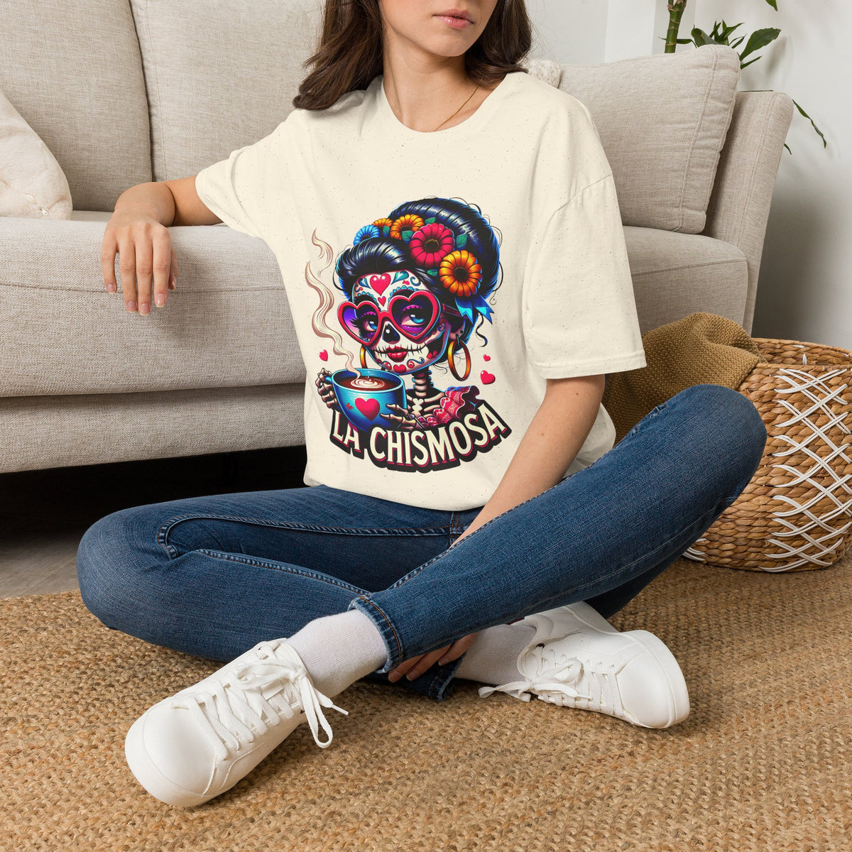 La Chismosa (RED) sugar skull T-Shirt | Day of the Dead diva, heart sunglasses