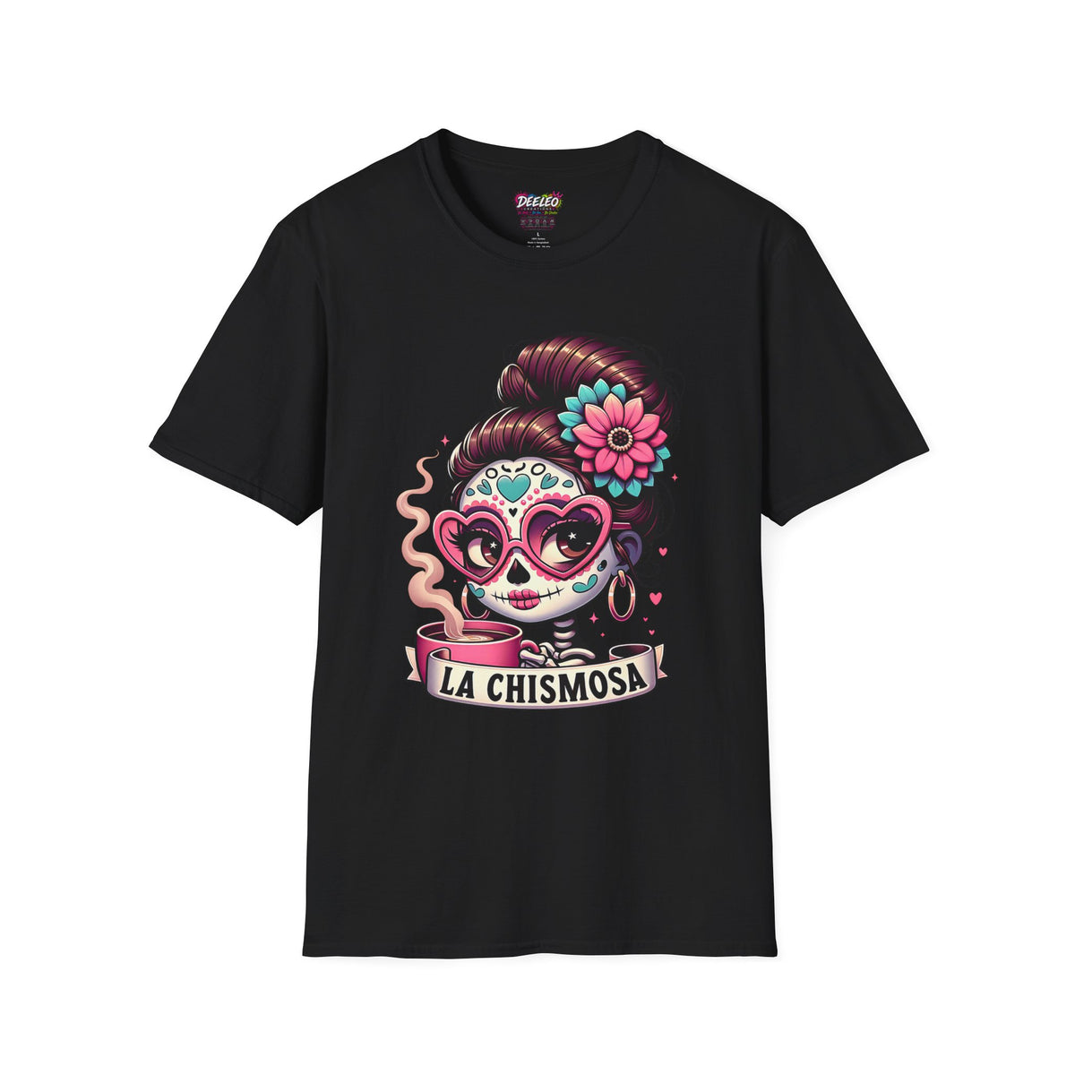 La Chismosa sugar skull T-Shirt | Day of the Dead diva, heart sunglasses