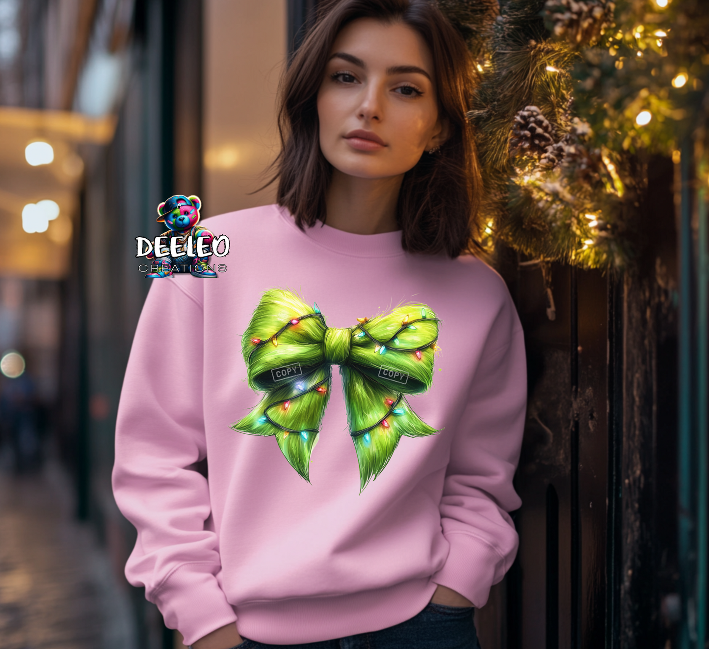 Green Guy Christmas Light Bow Sweatshirt