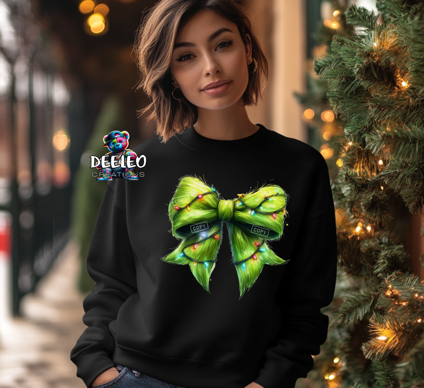 Green Guy Christmas Light Bow Sweatshirt