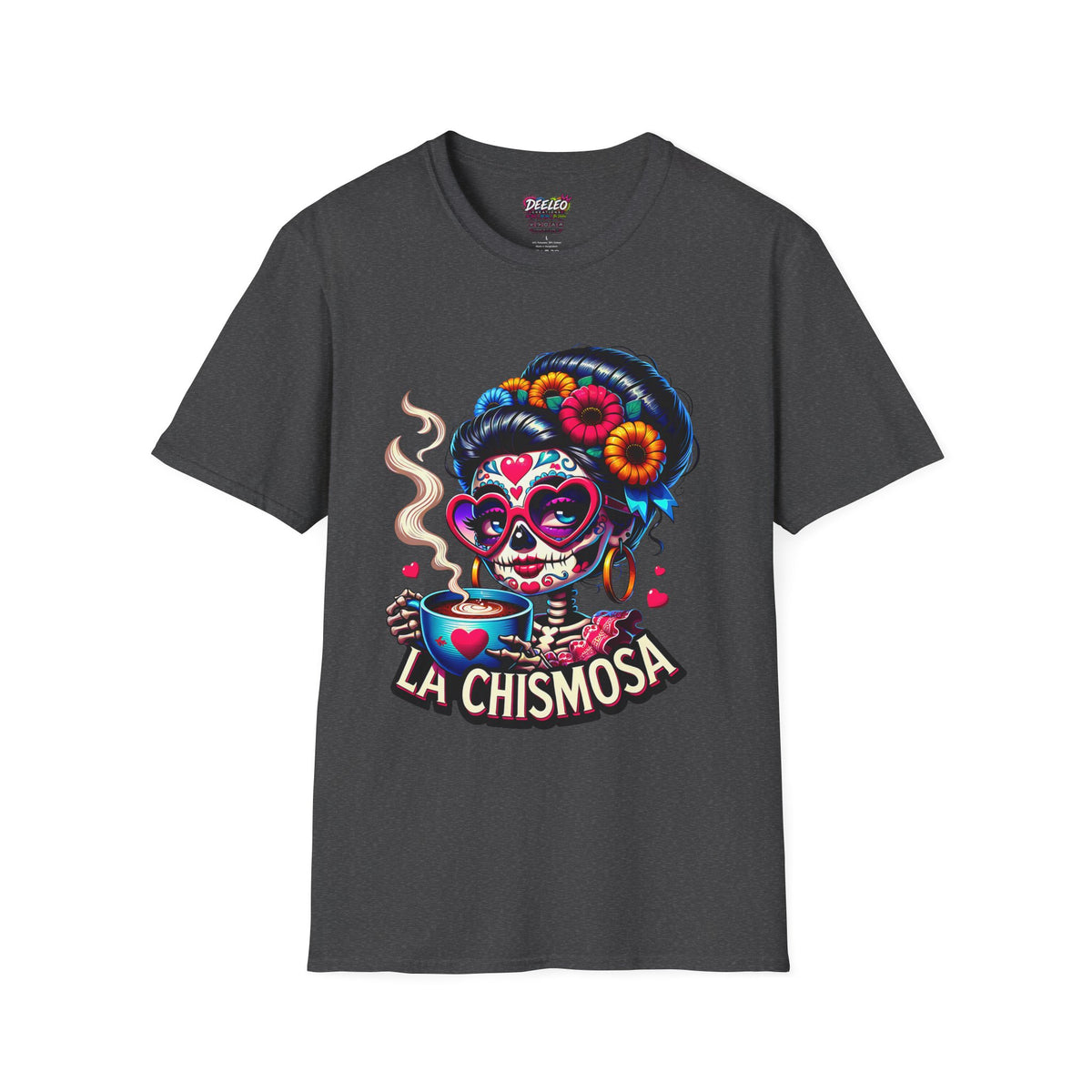 La Chismosa (RED) sugar skull T-Shirt | Day of the Dead diva, heart sunglasses