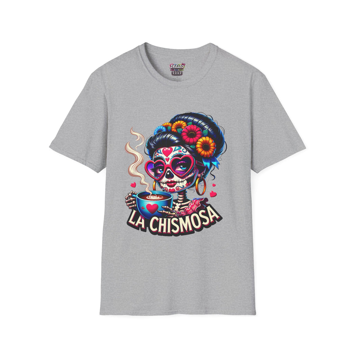 La Chismosa (RED) sugar skull T-Shirt | Day of the Dead diva, heart sunglasses