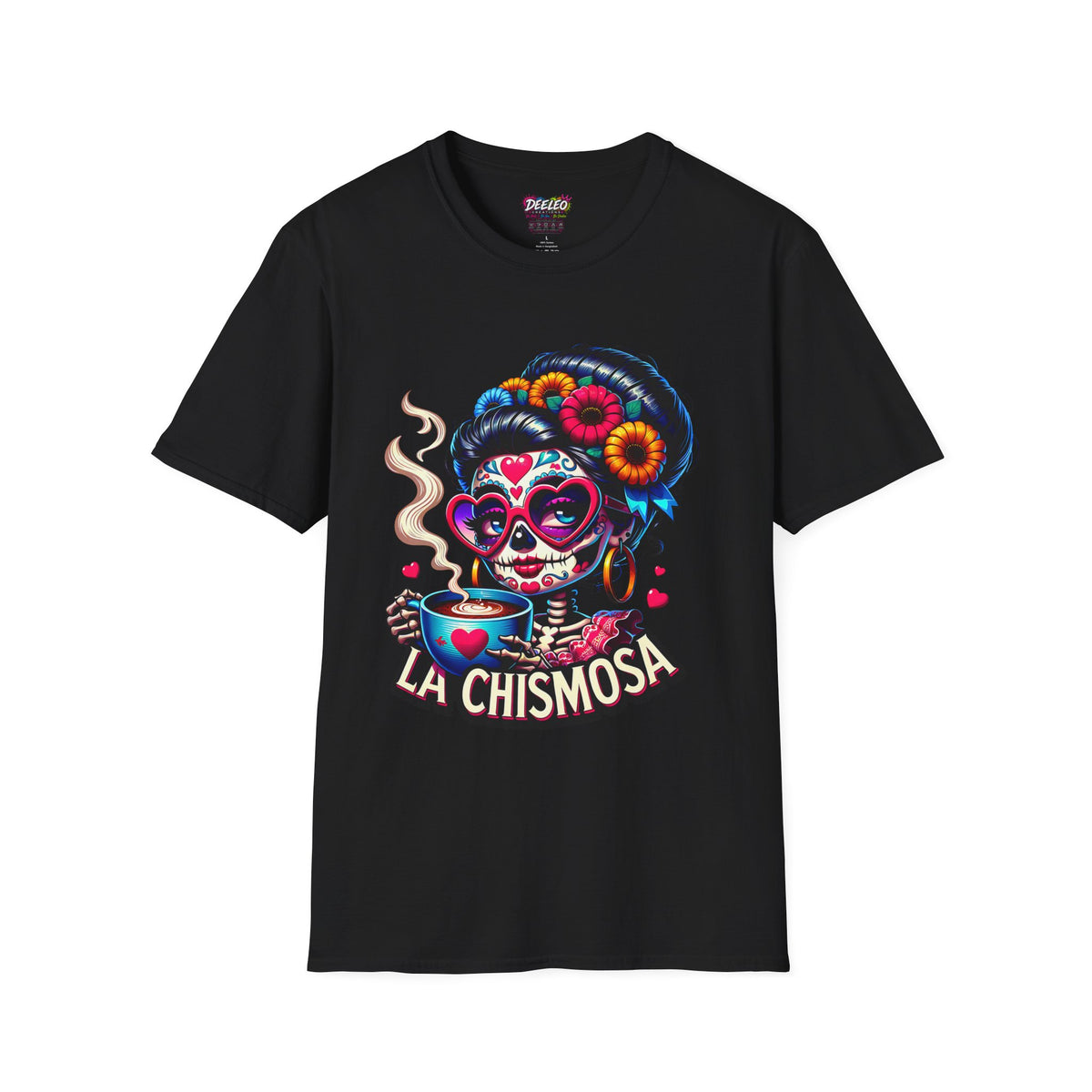 La Chismosa (RED) sugar skull T-Shirt | Day of the Dead diva, heart sunglasses