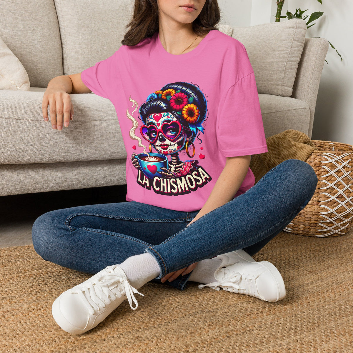 La Chismosa (RED) sugar skull T-Shirt | Day of the Dead diva, heart sunglasses