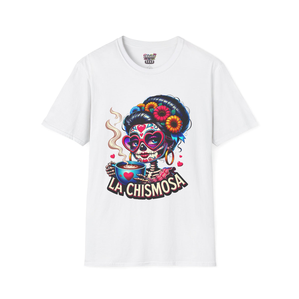 La Chismosa (RED) sugar skull T-Shirt | Day of the Dead diva, heart sunglasses