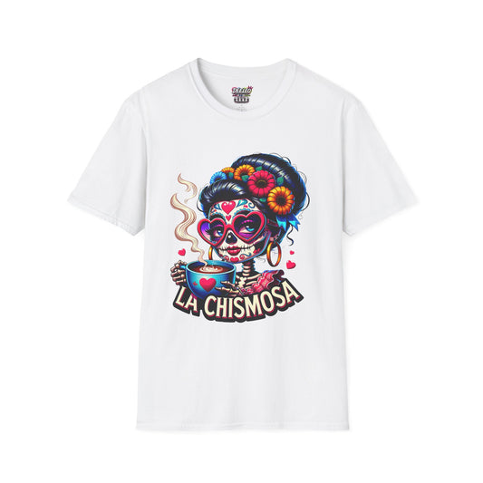 La Chismosa (RED) sugar skull T-Shirt | Day of the Dead diva, heart sunglasses